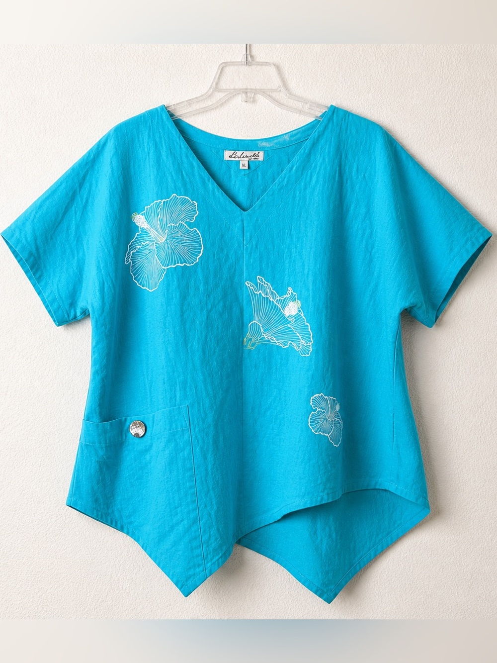 LULU-B Lagenlook Cotton Top XL Artsy Tropical Hibiscus Resort Vacation Blue